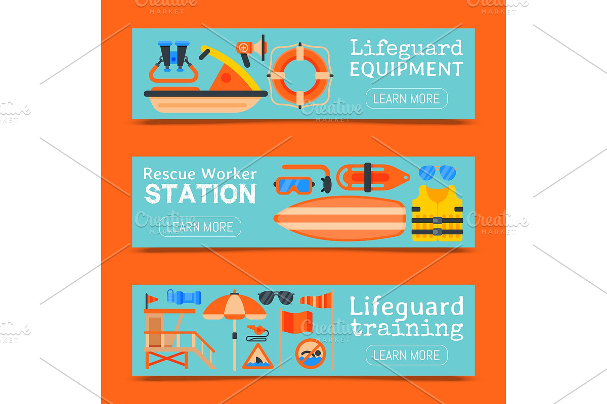 Lifeguard equipment set of banners, a Healthcare Illustration by VectorsBang