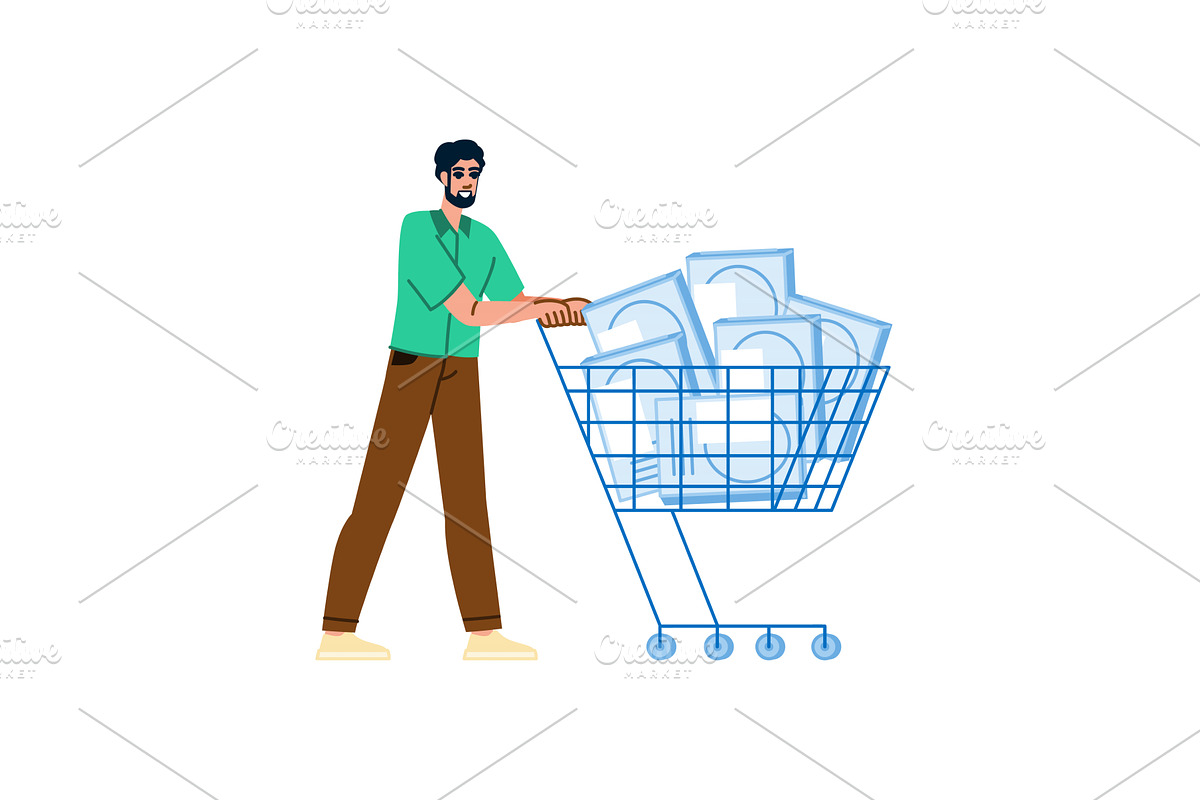 Customer pushing shopping cart full, a Person Illustration by pikepicture