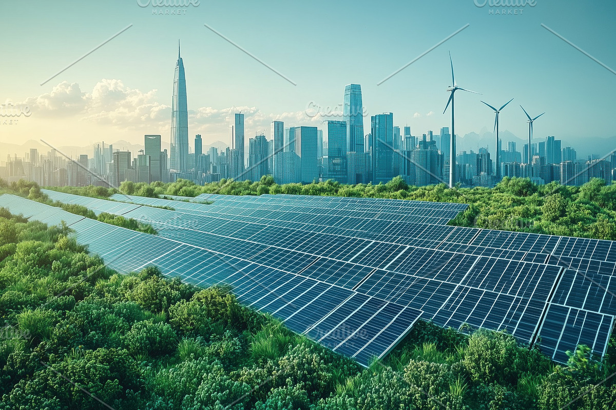 A futuristic city skyline with tall buildings, featuring solar panels in the fo, a Technology Illustration by Textures & Backgrounds