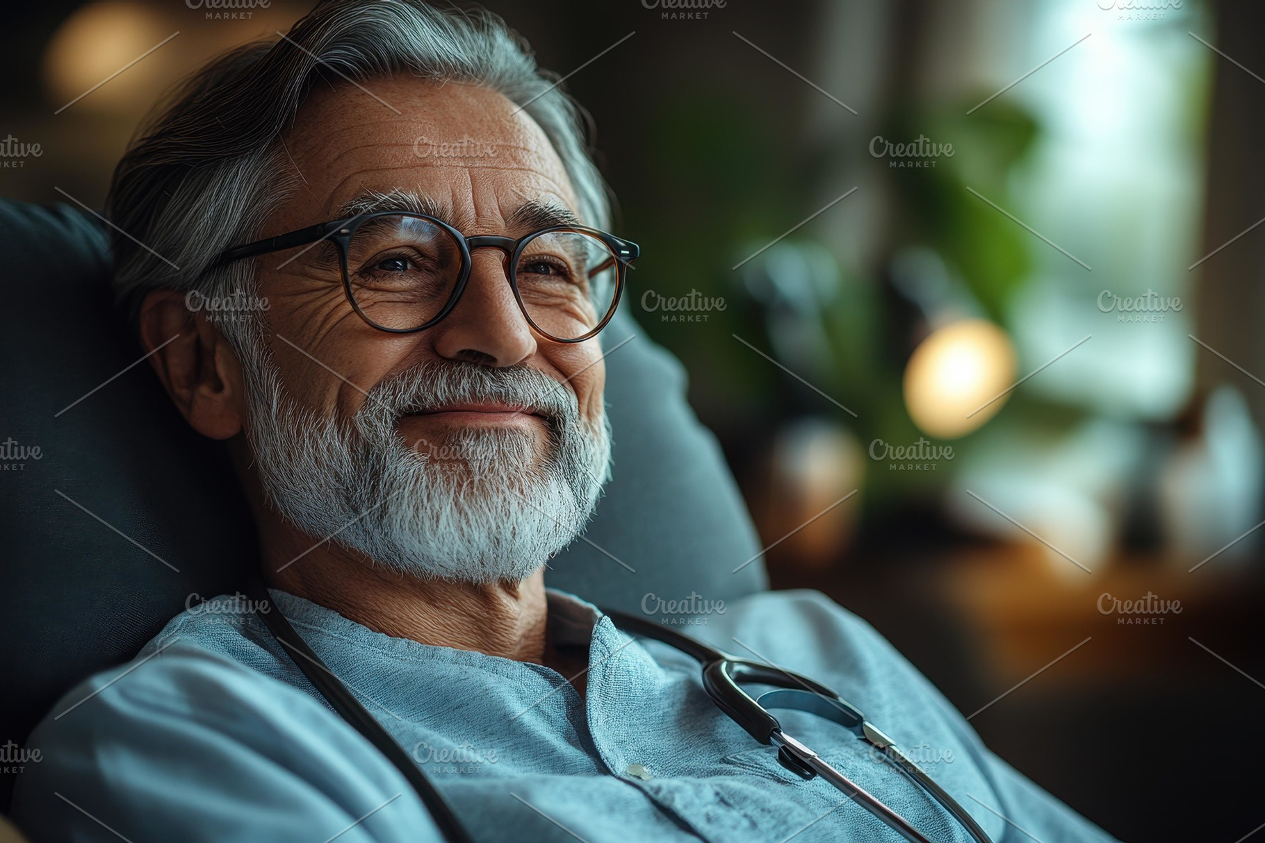 Smiling senior man with glasses in r, a Photo by Tanuart