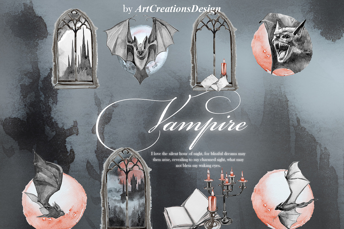Vampire Watercolor Clipart Set, an Object Graphic by ArtCreationsDesign (Photo 7 of 11)