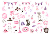 Pink Halloween Watercolor Clipart, a Decorative Illustration by Elena Medvedeva (Thumbnail 4 of 7)