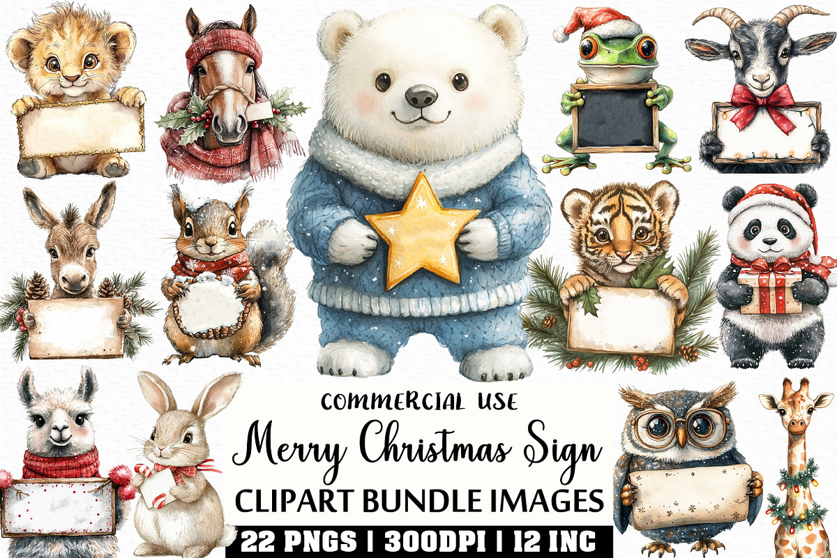 Animals Holding Merry Christmas Sign, an Illustration by Craft Nest (Photo 1 of 6)