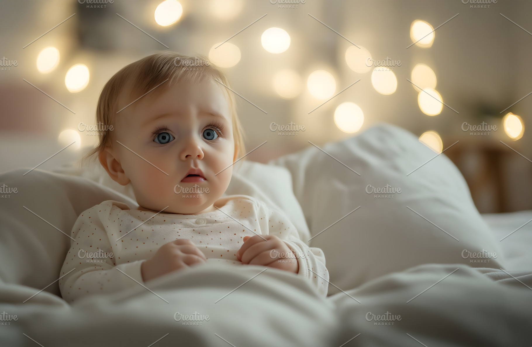 Sad little baby girl is lying in bed at home or hospital, a Person Photo by Lenor4ik