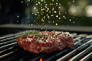 Grilling a seasoned steak with herbs on a barbecue outdoors on a sunny day, a Food & Drink Photo by AlyaAnd