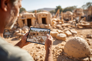 Housing plans displayed on tablet amid ruins of collapsed buildings at archaeol, a Photo by AlyaAnd