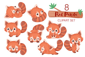 Cute Little Red Panda Clipart Set