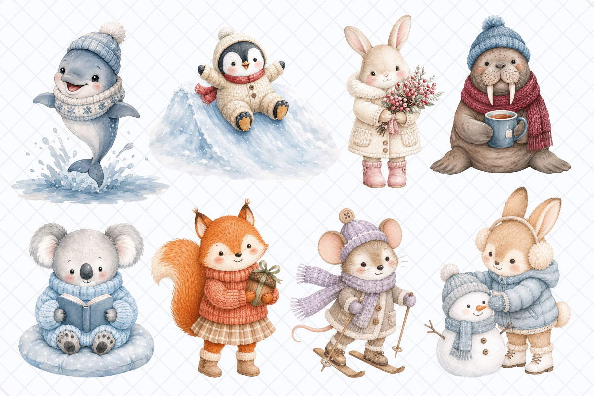 Cozy Winter Animals Clipart - 50 PNG, an Animal Illustration by Whimsy Brush Studio (Photo 2 of 10)