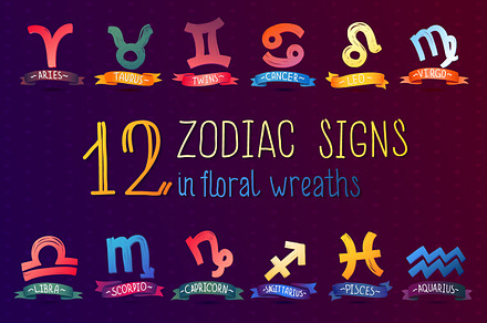 Zodiac sign set in floral wreaths
