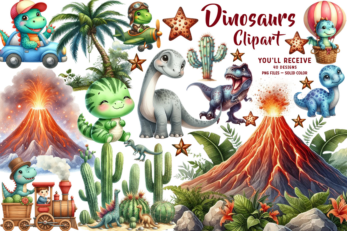 Dinosaurs watercolor clipart, an Illustration by CreationArt (Photo 1 of 7)