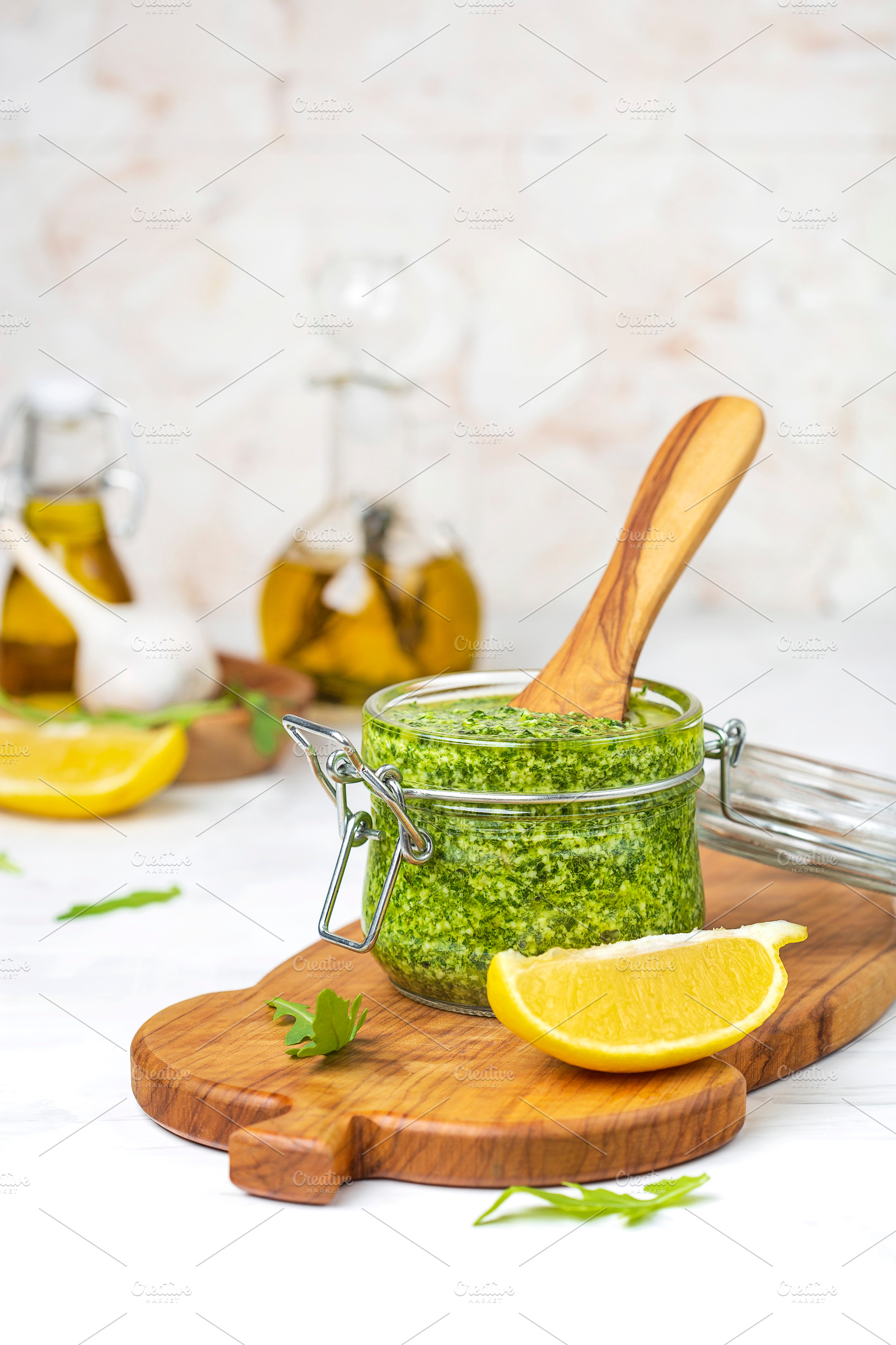 Homemade basil and arugula pesto stock photo containing appetizer and arugula, a Food & Drink Photo by Marina_Pronina