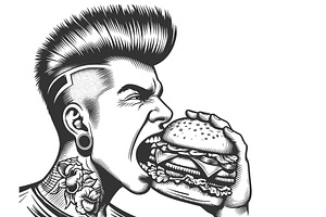 Punk Rocker Eating Burger Engraving