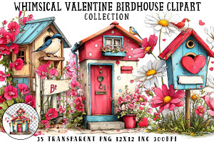 Whimsical Valentine Birdhouse Clipar, an Illustration by OK Design