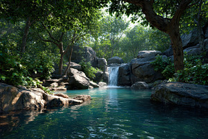 Waterfall flows into a clear pool, a Photo by Pavel_design