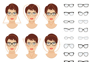 Woman glasses shapes. 9 faces.
