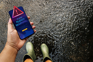 Flash flood alert on Smartphone in Rainy day, Climate change, Te, a Photo by salmon.black