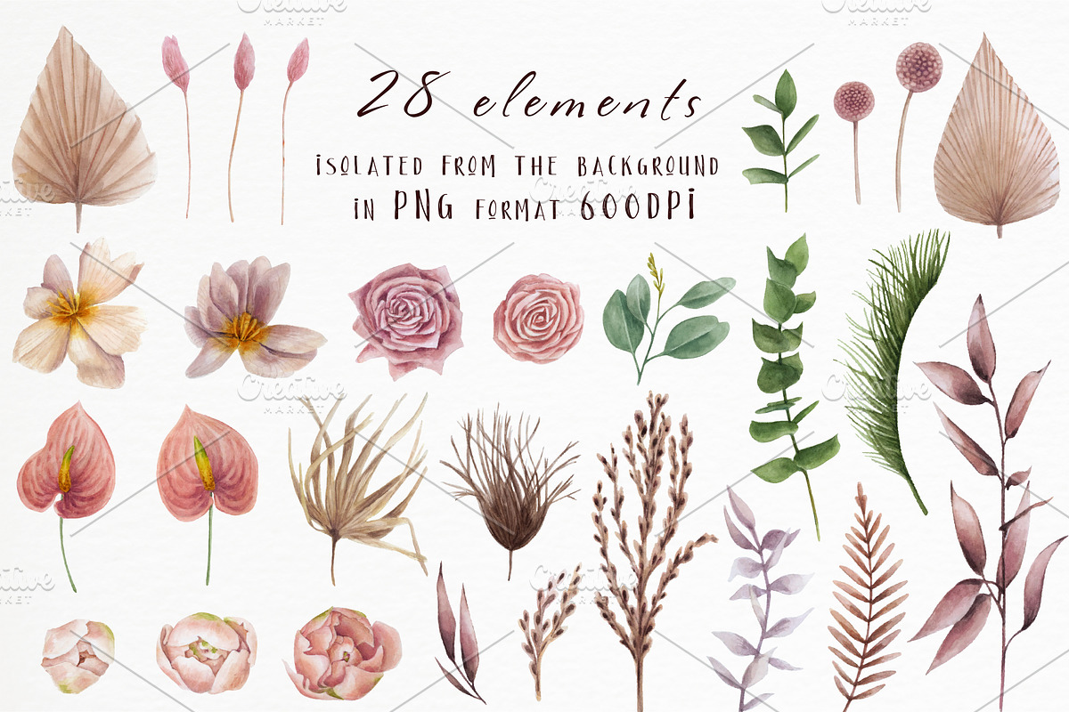 Watercolor set of tropical flowers, an Object Illustration by a_ptichkina (Photo 2 of 8)