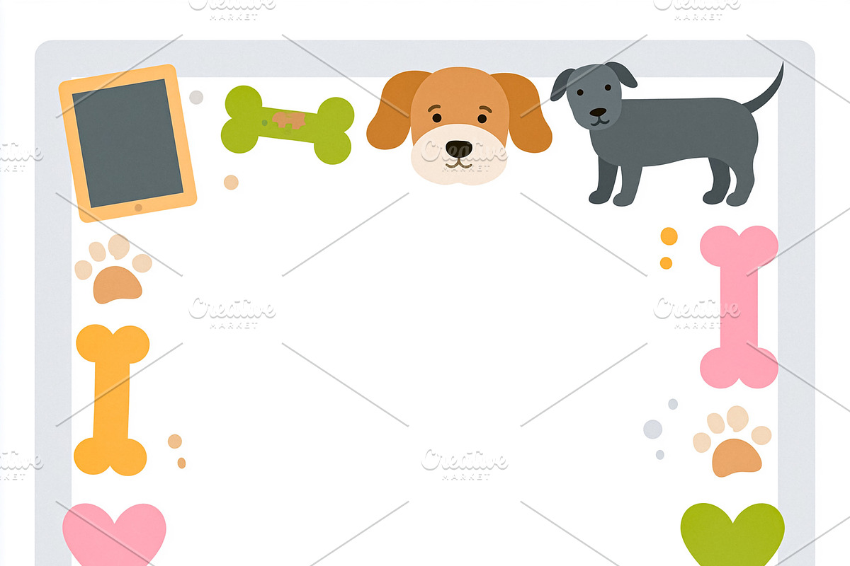 Cute dog characters framing a clean white background, creating a, an Illustration by Studio ANNA