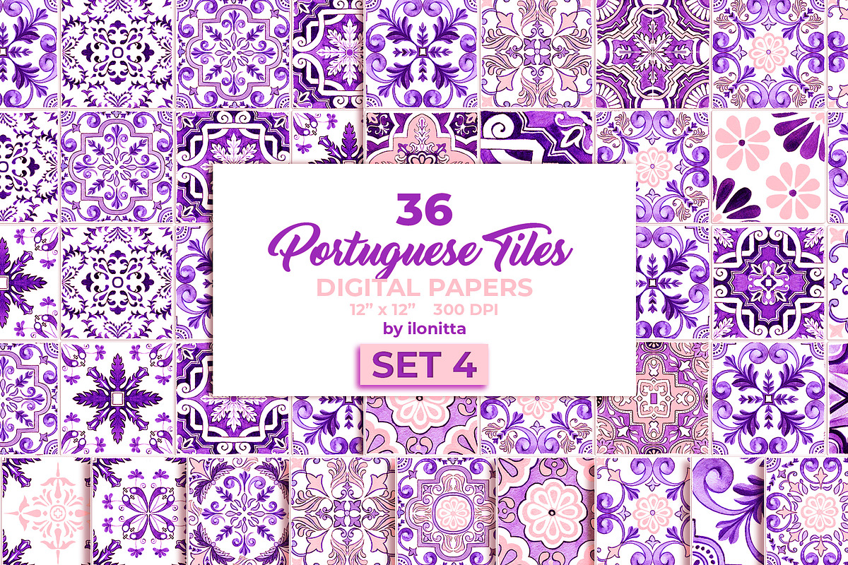 Purple Portuguese Azulejo Tiles Set4, a Pattern Graphic by ilonitta (Photo 1 of 10)