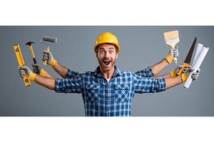 Multitasking Handyman in Hardhat, an Industrial Photo by piter.goskov