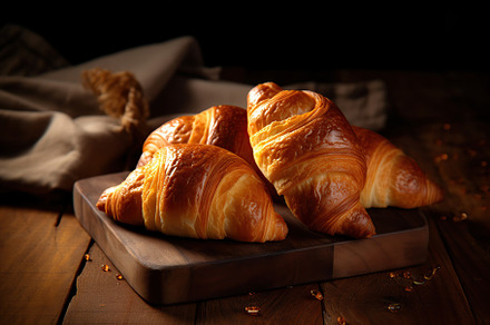 Fresh delicious croissants on wooden table. Generative AI, a Food & Drink Photo by AlyaAnd