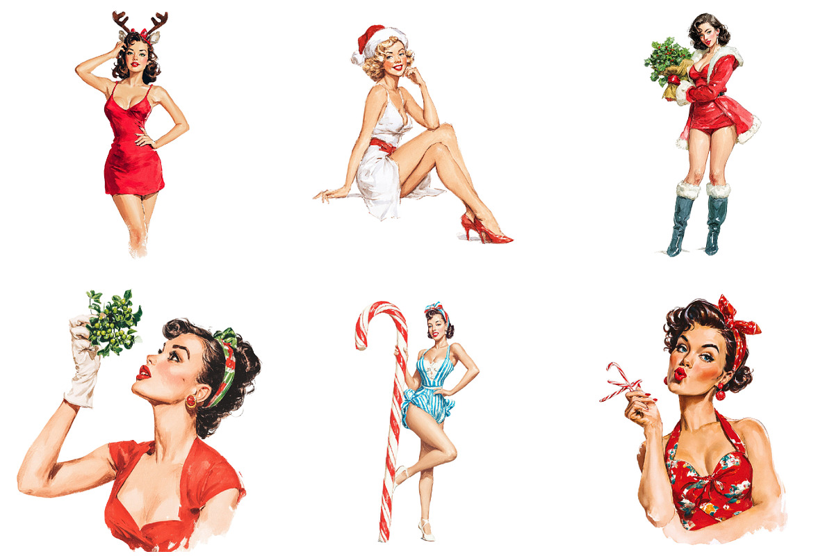 Vintage Pin Up Christmas Girl Clipar, an Illustration by DreamArtGraphic (Photo 4 of 4)