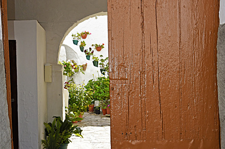 An andalusian patio entrance containing patio, planters, and stone