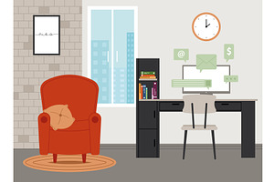 Modern home office with armchair and, an Object Illustration by studioDK