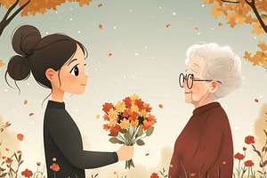 Young woman giving a bouquet of red tulips to her smiling grandm, a Person Photo by José Manuel Gelpi