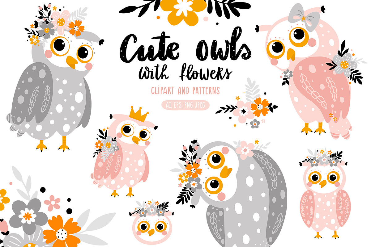 Cute owls with flowers., an Animal Illustration by rosypatterns (Photo 1 of 5)