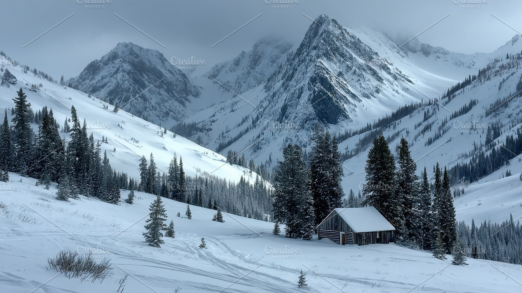 Snowy Mountain Cabin Winter Wonderla, a Photo by Pixeness Studio