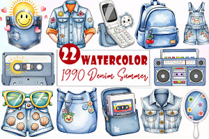 1990 Denim Summer Clipart, an Illustration by Watercolor design