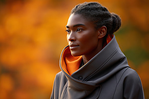 Woman in a stylish jacket stands confidently outdoors during autumn, a Person Photo by AlyaAnd