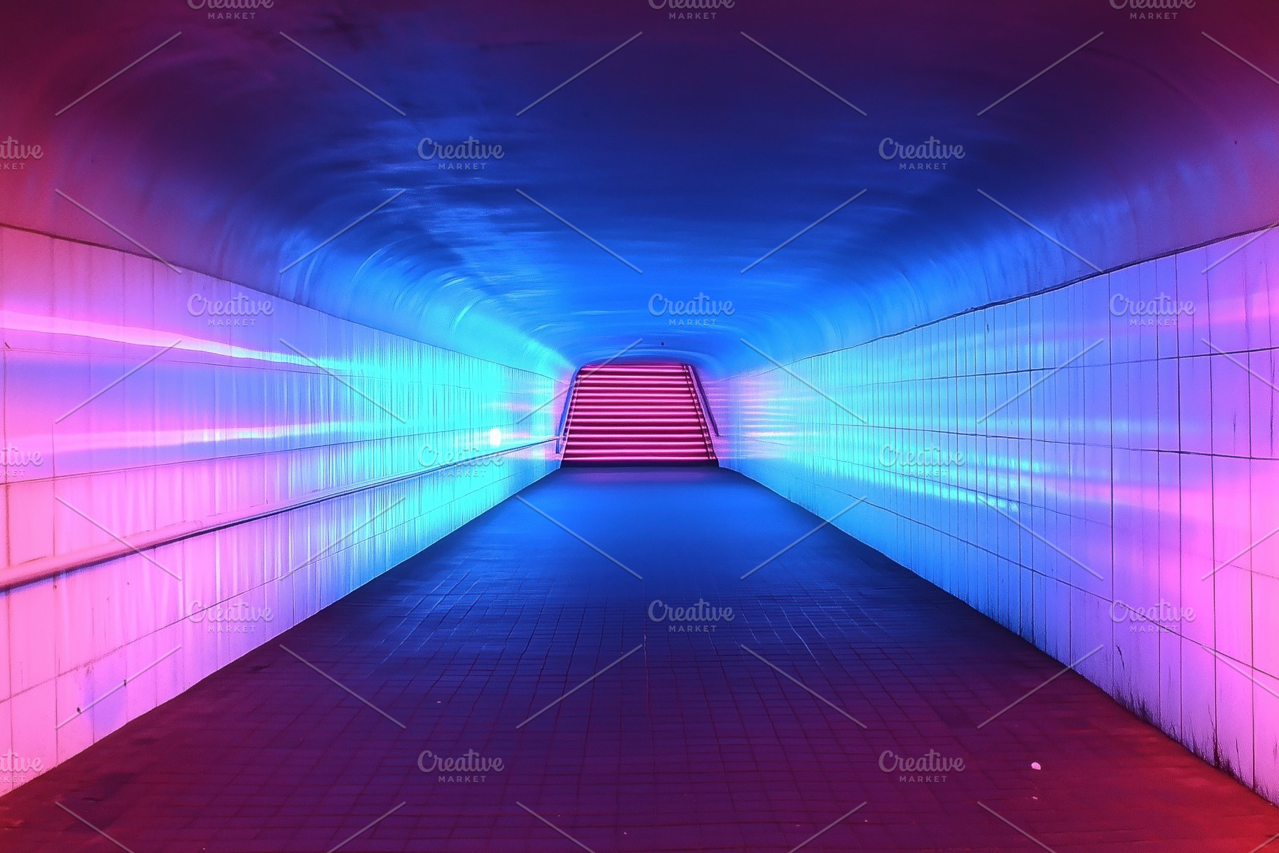 A vibrant, illuminated tunnel with blue and pink lights, leading to stairs at t, an Arts & Entertainment Photo by Textures & Backgrounds