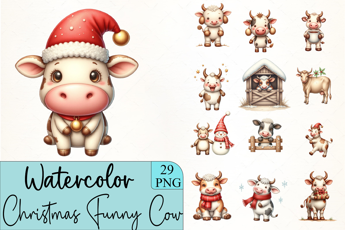 Christmas Funny Cow Clipart, an Illustration by CrexoraLab (Photo 1 of 5)