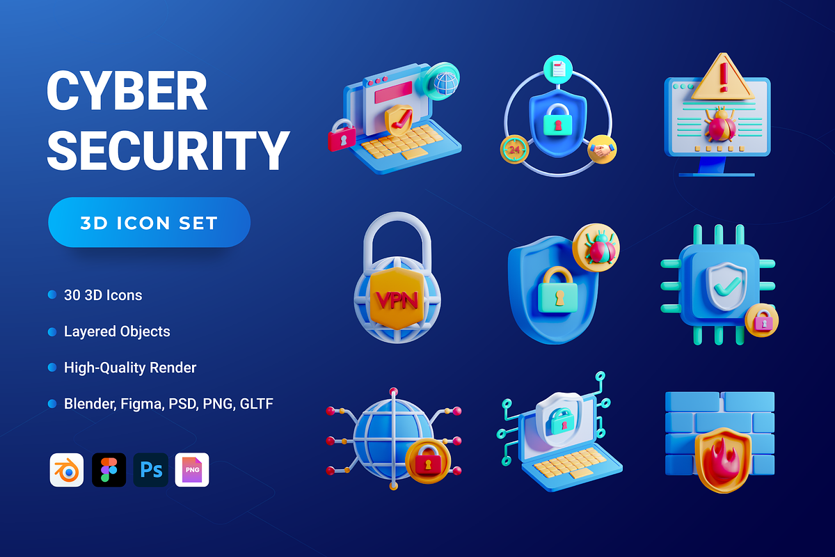3D Cyber Security Icons, an Object 3D Model by Flat Icons (Photo 1 of 8)