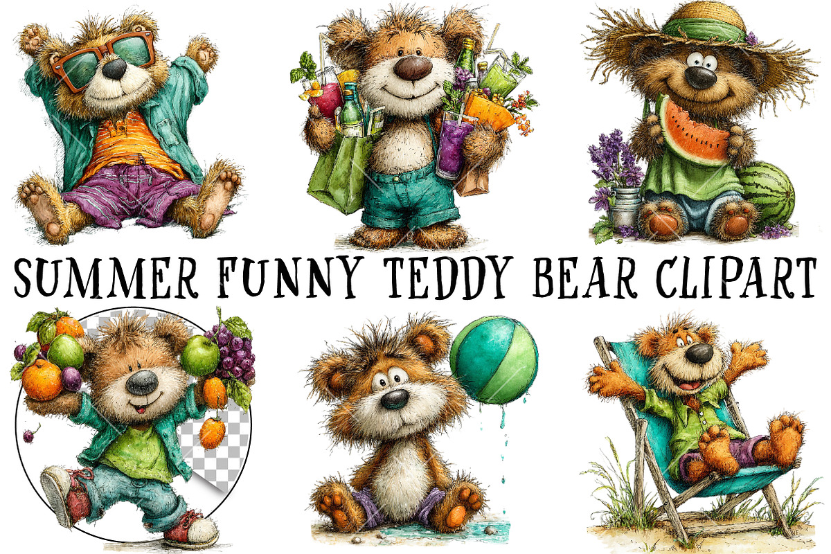 Summer Funny Teddy Bear Clipart, an Illustration by OK Design (Photo 2 of 6)