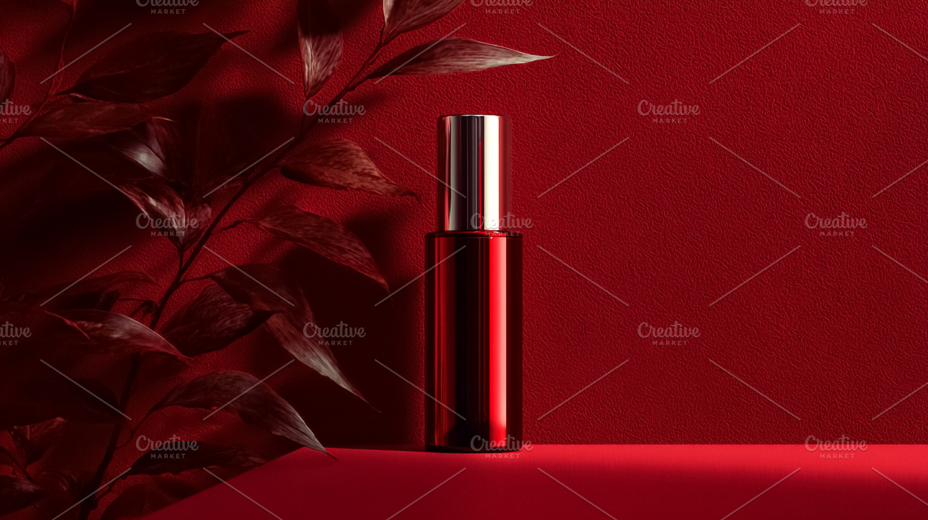 Skincare product glossy red bottle standing on a podium with nat, a Photo by Studio ANNA