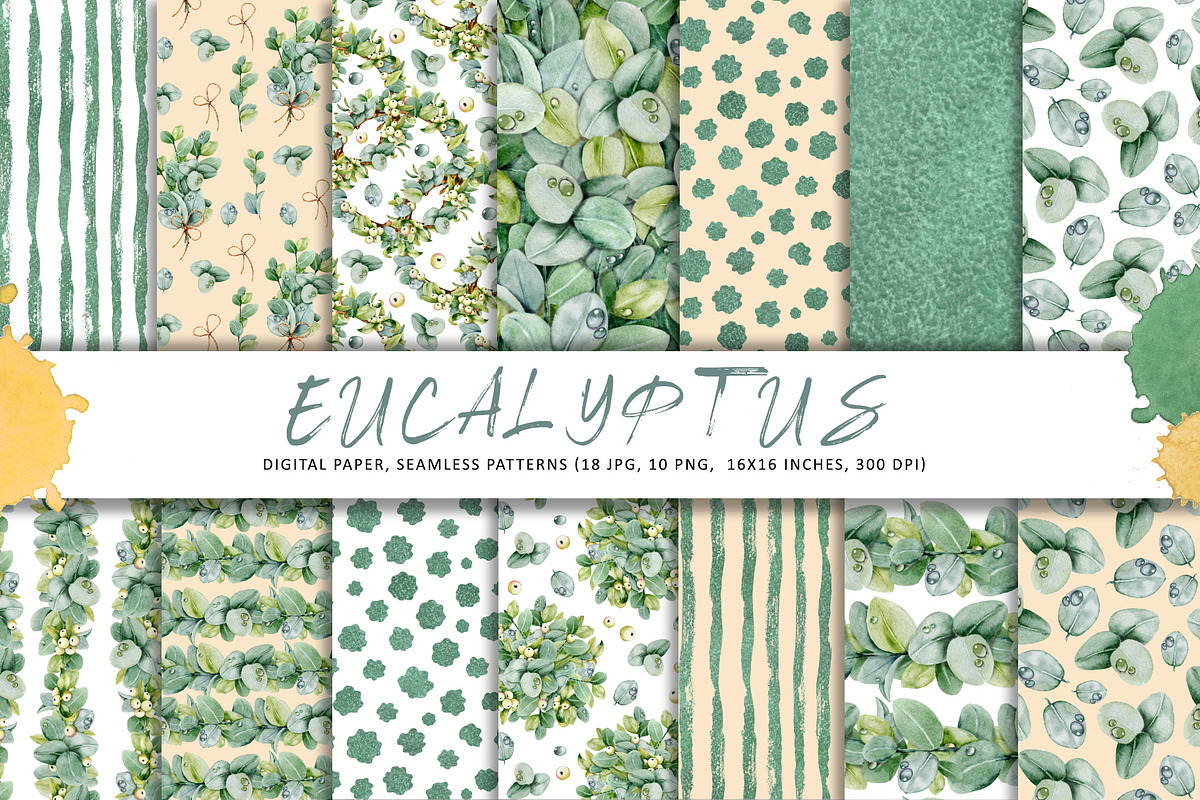 Eucalyptus watercolor digital paper, a Pattern Graphic by Artmanata (Photo 2 of 11)