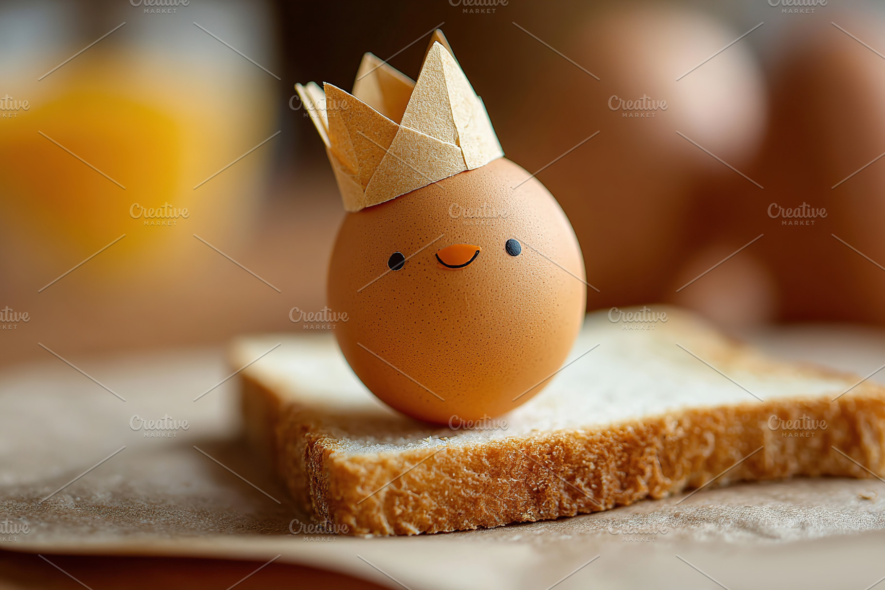 Egg with tiny paper crown sits on a slice of bread in a cozy kitchen setting, a Food & Drink Photo by AlyaAnd