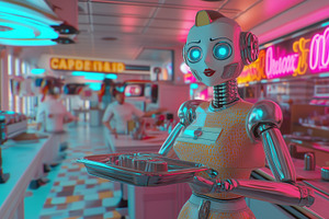A futuristic robot waitress in a retro diner setting, holding a tray. The diner, an Arts & Entertainment Photo by Textures & Backgrounds