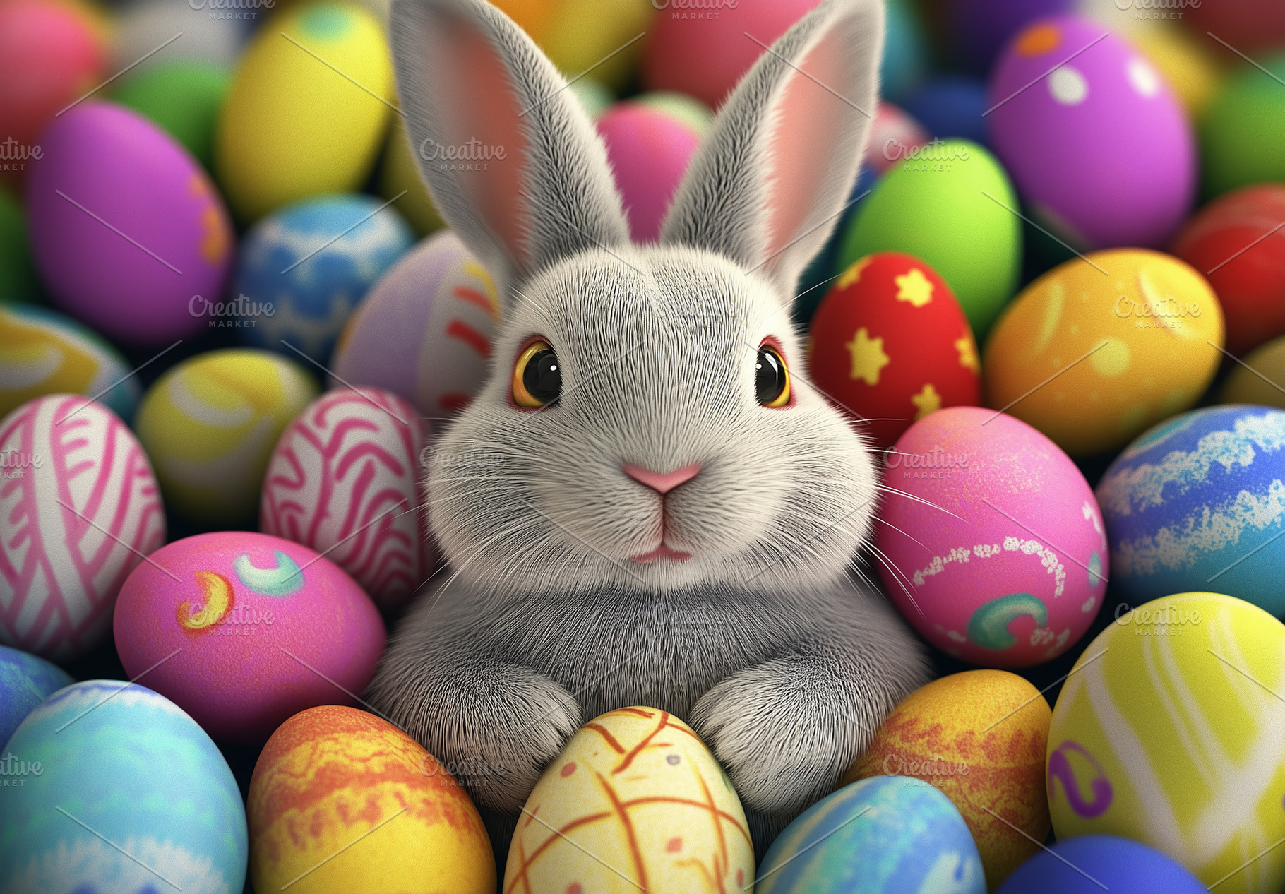 A funny cartoon grey bunny sits, a Holiday Photo by Imaginarium