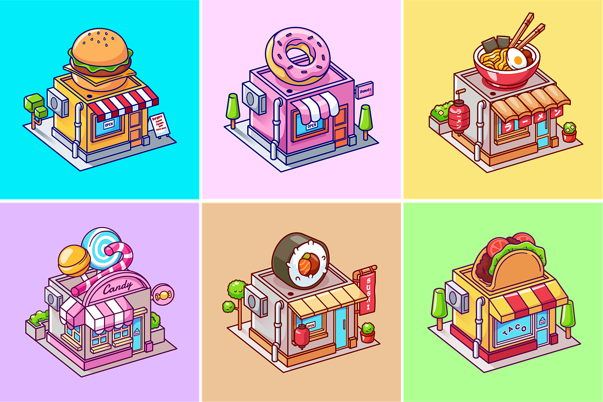 6 Food Shop Building Isometric, a Food Illustration by Catalyst Labs