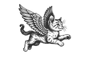 Winged Cat Engraving Sketch Vector