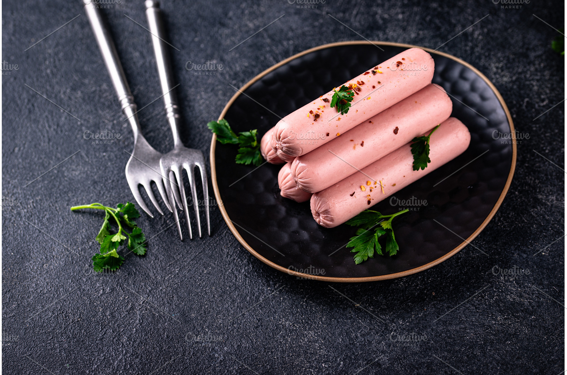 Boiled pork sausages with spices, a Food & Drink Photo by Yulia Furman