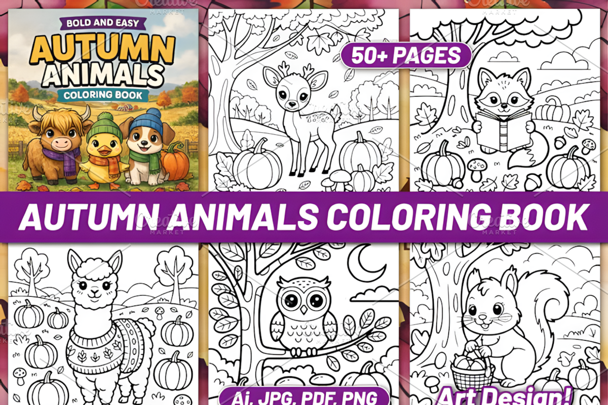 BOLD EASY AUTUMN ANIMALS COLORING, a Seasonal Illustration by Design Station (Photo 1 of 4)