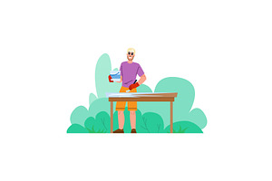 Carpenter painting wooden plank, an Illustration by pikepicture