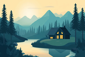 Mountain cabin surrounded by tall, a Photo by Pavel_design