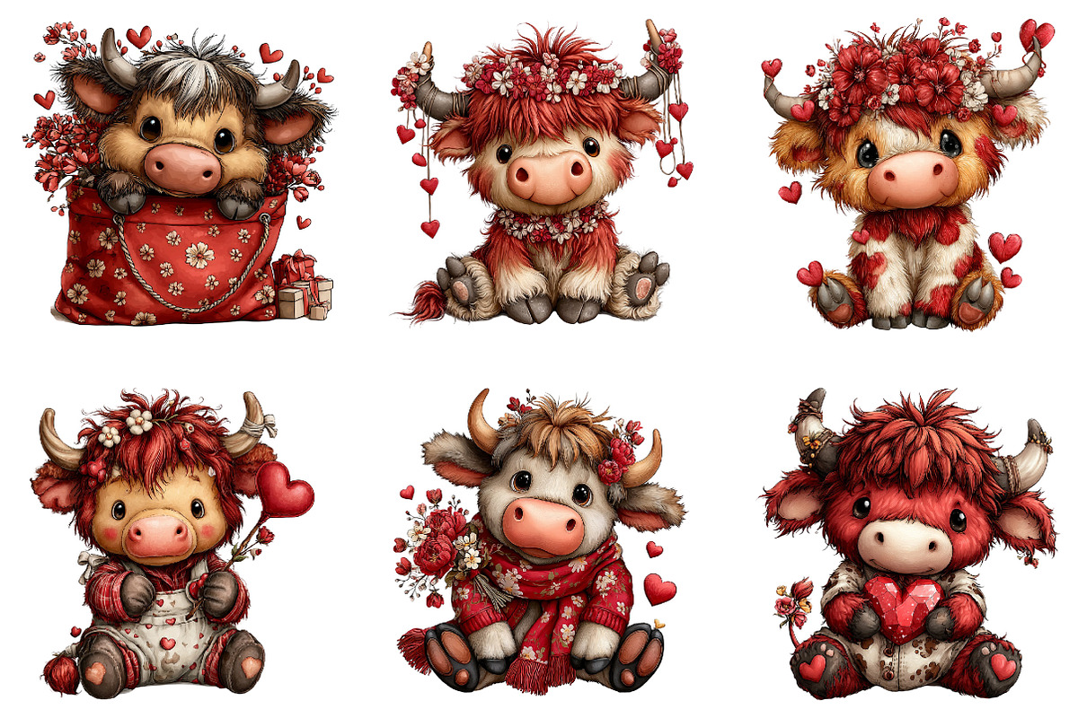 Valentine’s Day Highland Cow Clipart, an Illustration by Dream Creation (Photo 3 of 8)