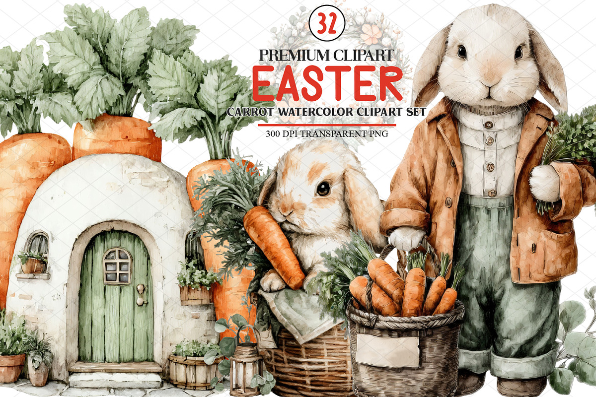 Carrot Easter Watercolor Clipart Set, an Illustration by cherrydesign (Photo 1 of 4)